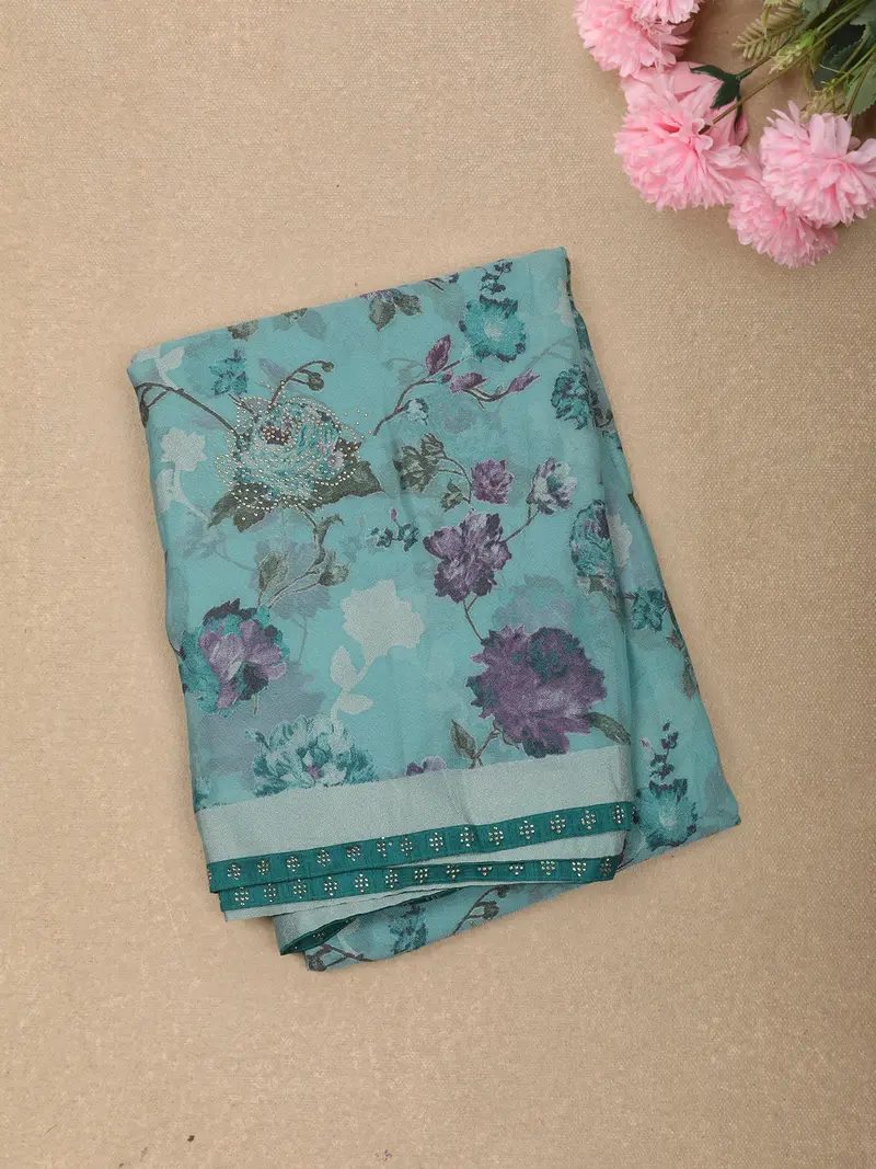 Aqua Blue Floral Printed Design Georgette Fancy Saree 1