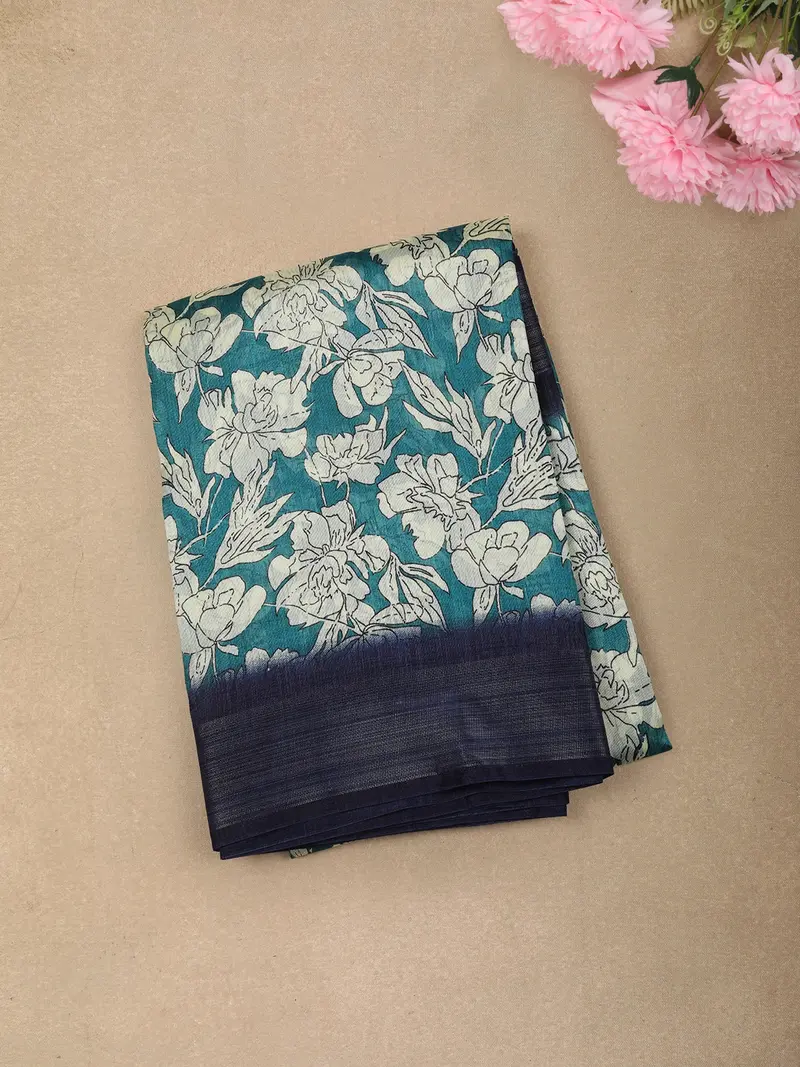 Aqua Blue Floral Printed Design Linen Cotton Casual Wear Saree 1