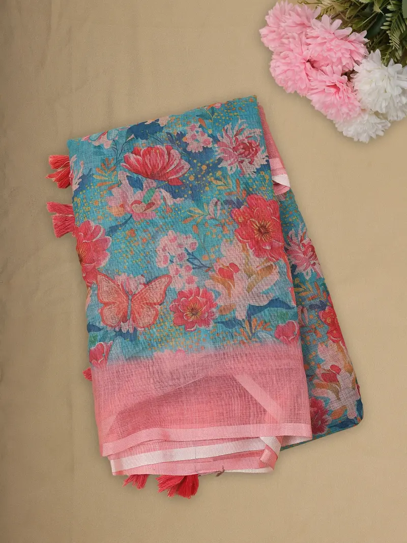 Aqua Blue Floral Printed Design Linen Cotton Saree 1