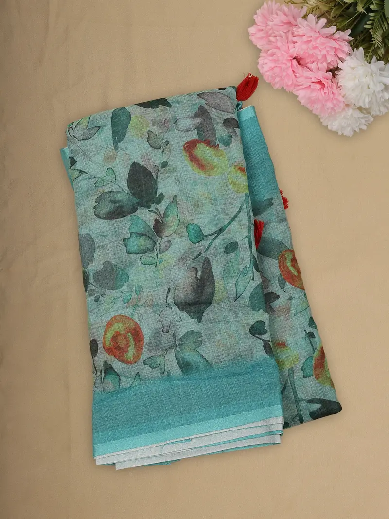 Aqua Blue Floral Printed Design Linen Cotton Saree 1
