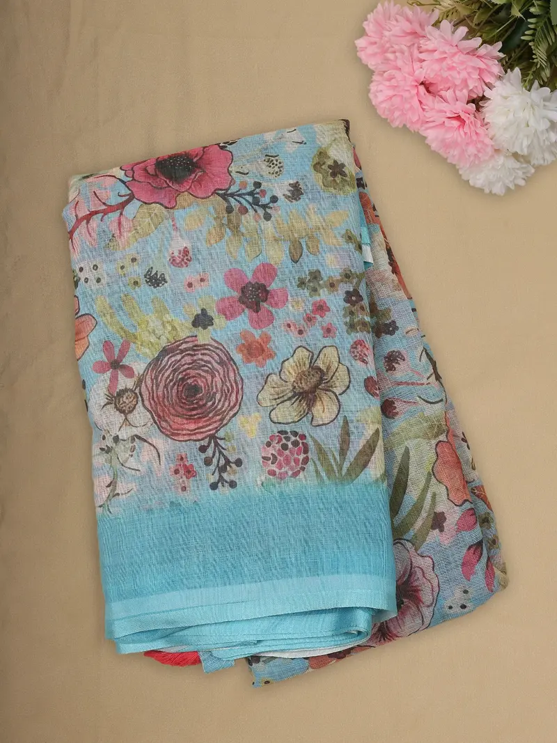 Aqua Blue Floral Printed Design Linen Cotton Saree 1