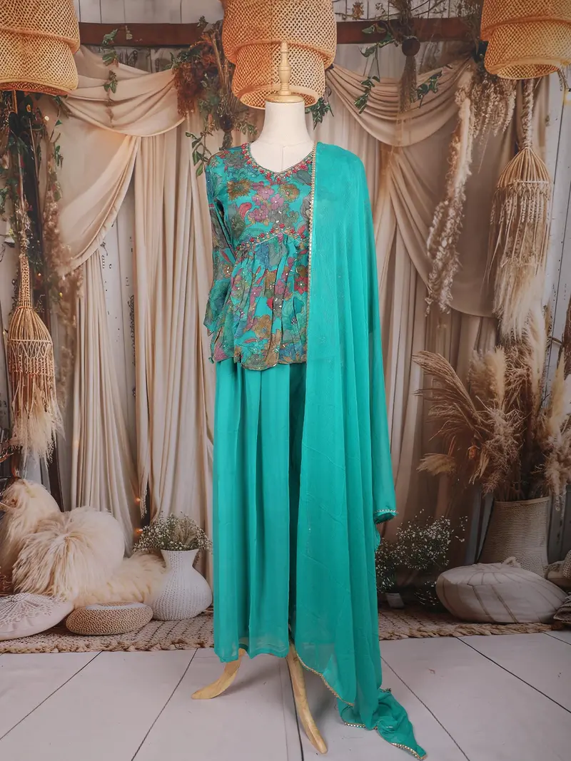 Aqua Blue Floral Printed Design Peplum Top Palazzo Suit With Dupatta 1