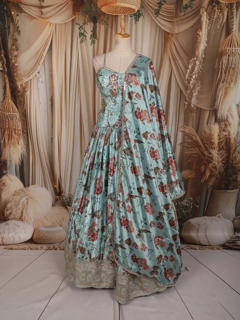 Aqua Blue Floral Printed Design Satin Fancy Lehenga With Dupatta 1