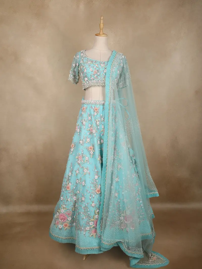 Aqua Blue Floral Sequins And Beads Embroidered Design Net Lehenga With Dupatta 1