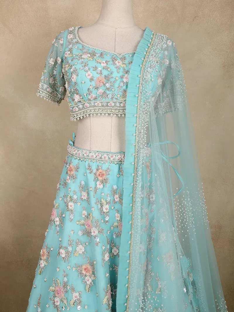 Aqua Blue Floral Sequins And Beads Embroidered Design Net Lehenga With Dupatta 2