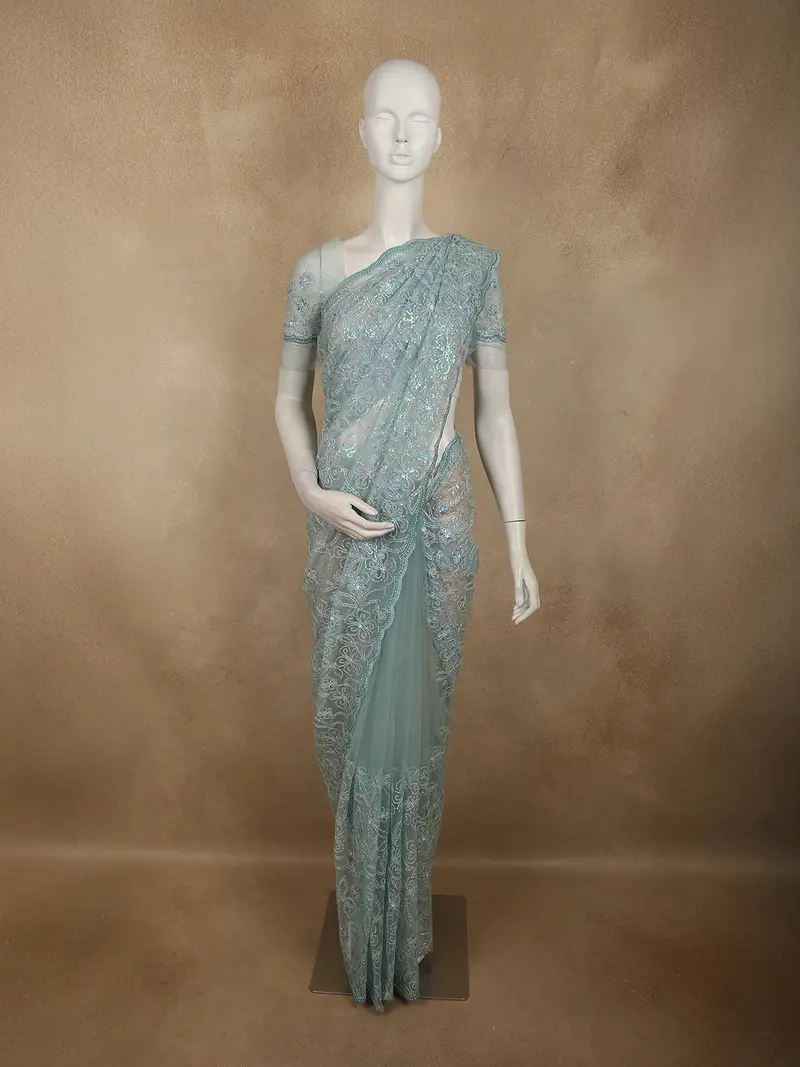 Aqua Blue Floral Sequins Embroidered Design Net Designer Saree 1