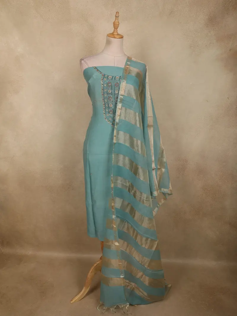 Aqua Blue Floral Sequins Embroidered Design Tissue Unstitched Salwar Material With Dupatta 1