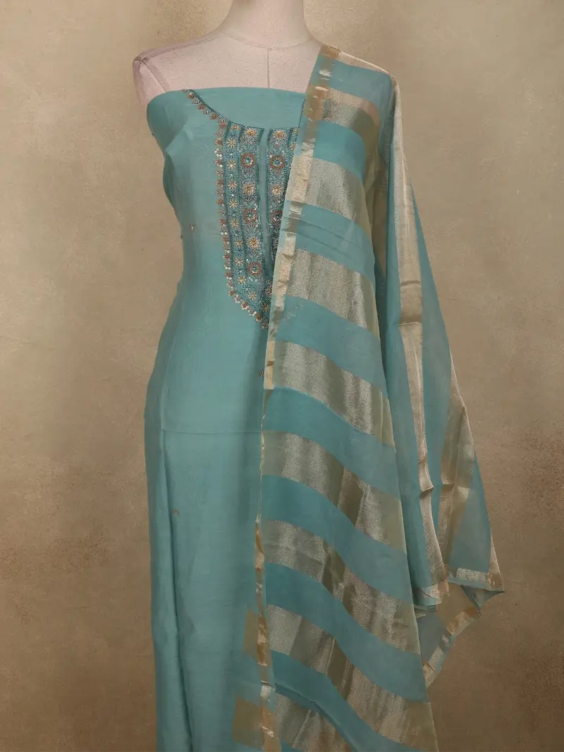 Aqua Blue Floral Sequins Embroidered Design Tissue Unstitched Salwar Material With Dupatta 2