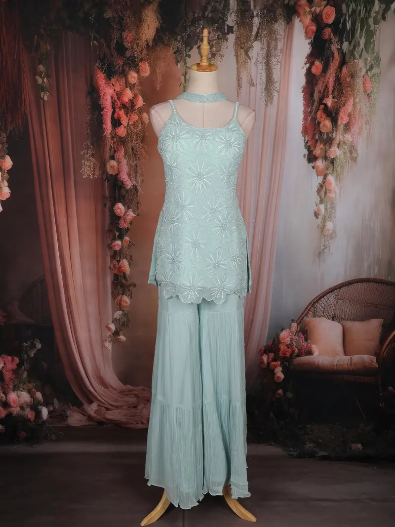 Aqua Blue Floral Sequins Embroidered Georgette Sharara Set 1