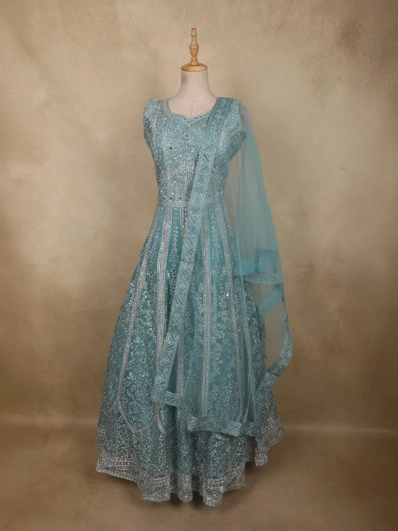 Aqua Blue Floral Thread And Mirror Embroidered Design Net Gown With Dupatta 1