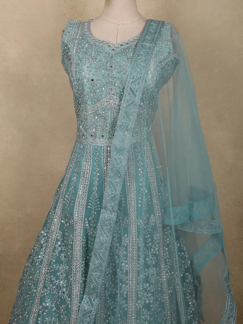 Aqua Blue Floral Thread And Mirror Embroidered Design Net Gown With Dupatta 2