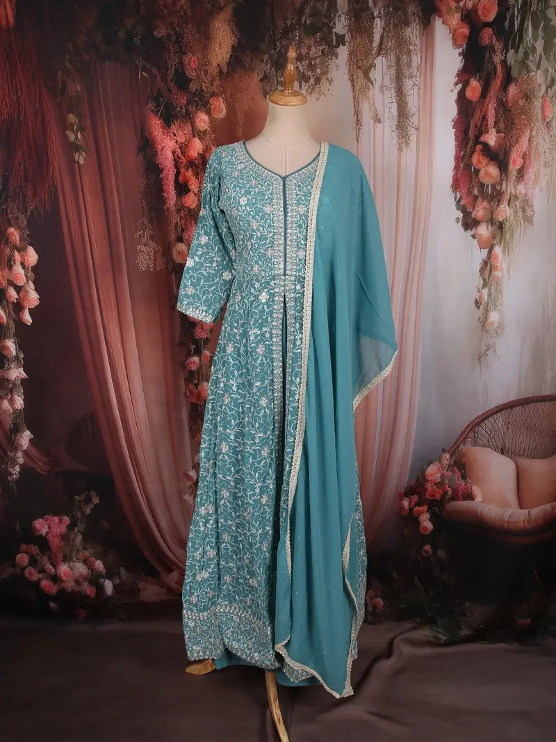 Aqua Blue Floral Thread And Sequins Embroidered Design Georgette Lehenga 1