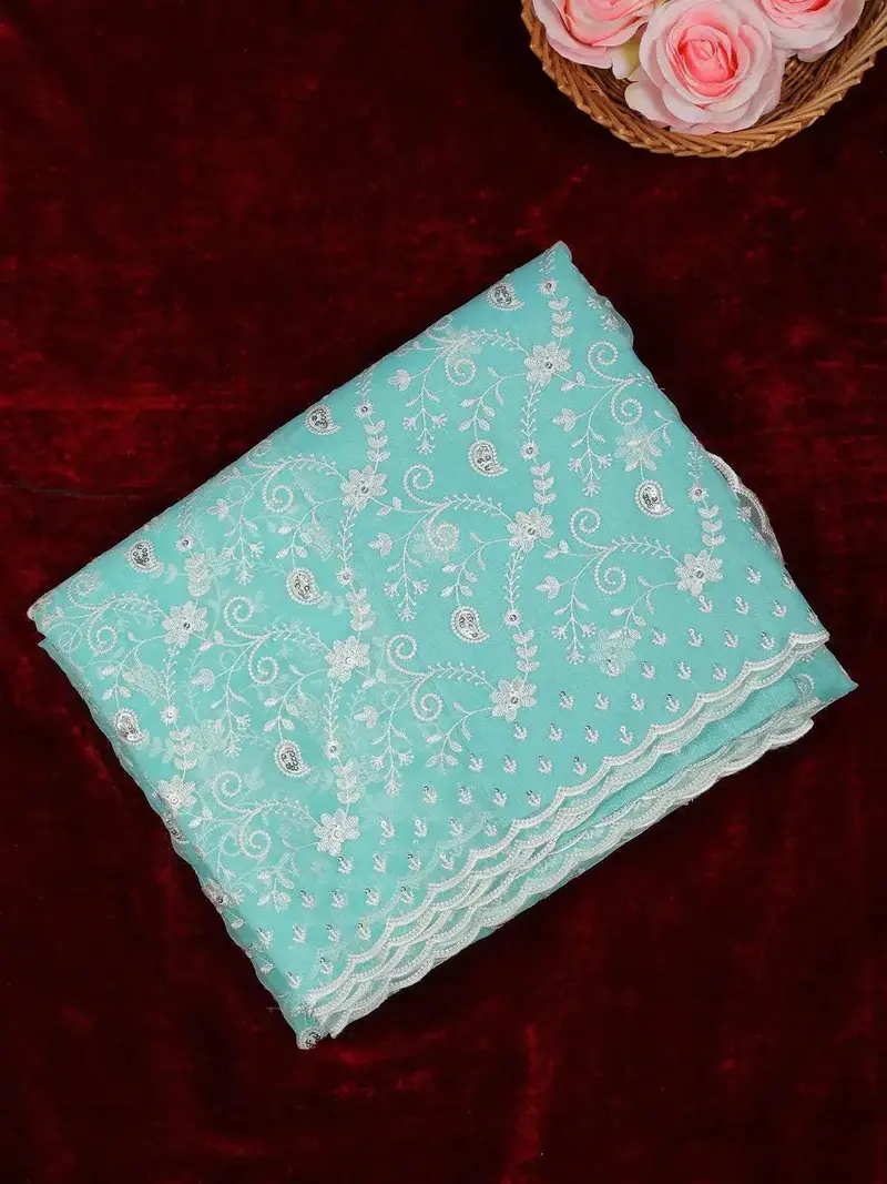 Aqua Blue Floral Thread Embroidered Organza Saree 1
