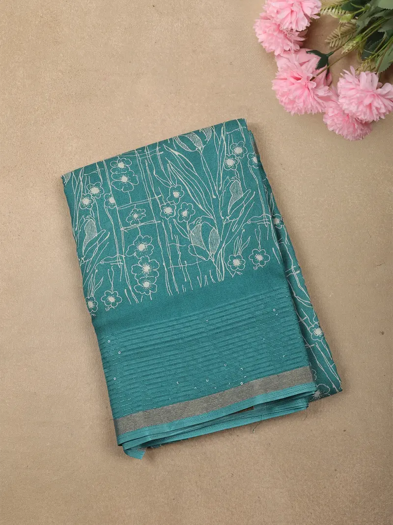 Aqua Blue Floral Vine Printed Design Crepe Saree With Sequins Border 1