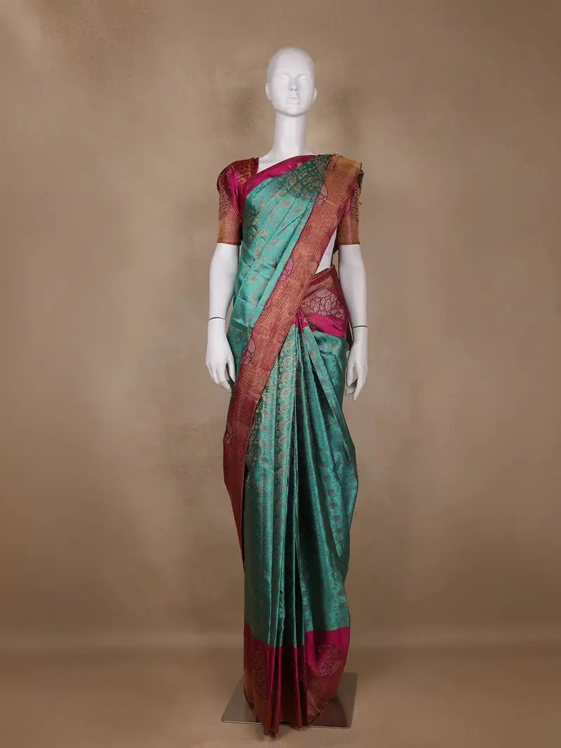 Aqua Blue Floral Woven Motifs Pure Kanchipuram Silk Saree 1