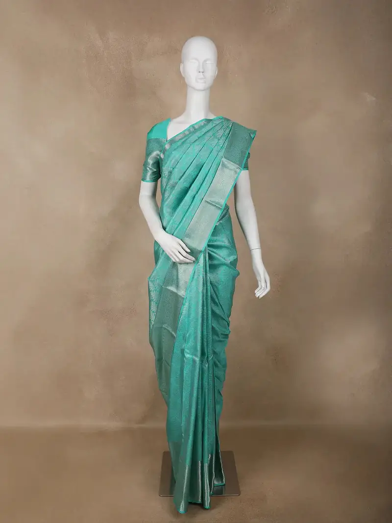 Aqua Blue Floral Woven Pure Kanchipuram Silk Saree 1