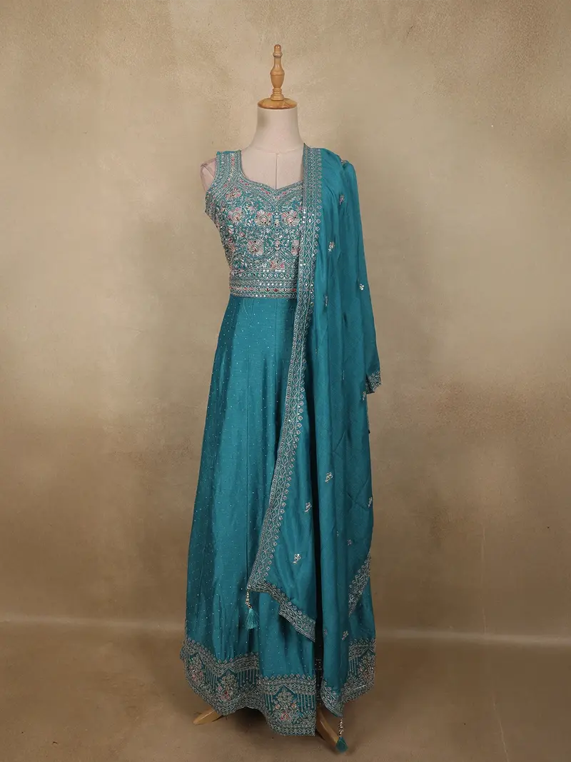 Aqua Blue Floral Zari Embroidered Design Georgette Gown With Dupatta 1