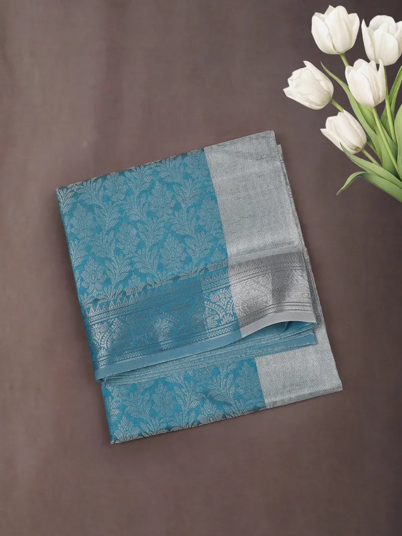 Aqua Blue Floral Zari Woven Design Art Silk Saree 1