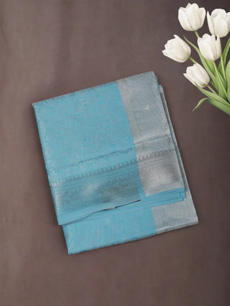 Aqua Blue Floral Zari Woven Design Art Silk Saree 1