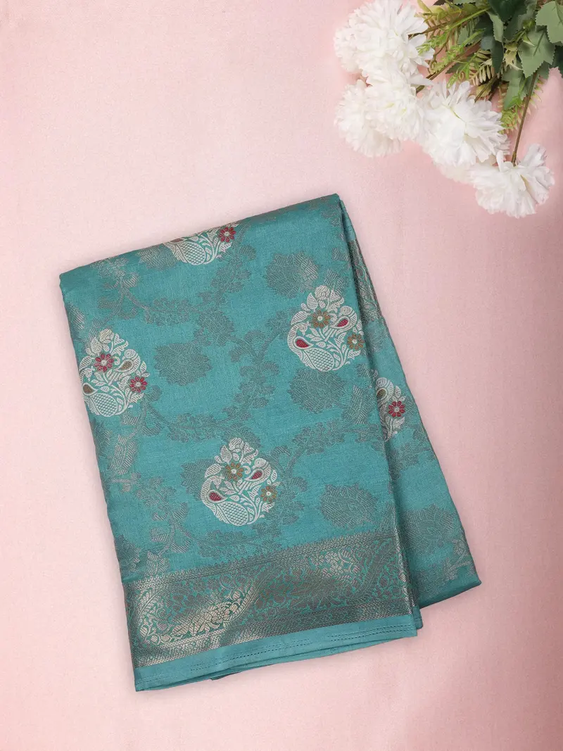 Aqua Blue Floral Zari Woven Design Mixed Cotton Saree With Floral Zari Border 1