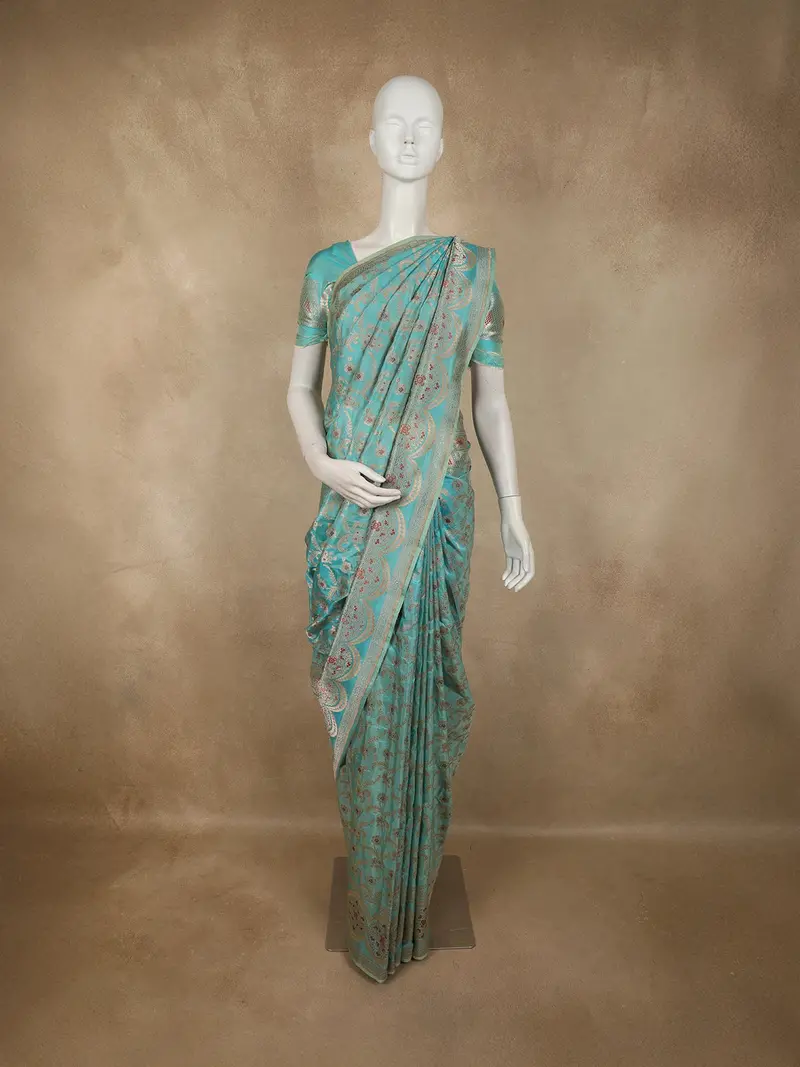 Aqua Blue Floral Zari Woven Design Pure Banarasi Silk Saree With Zari Border 1