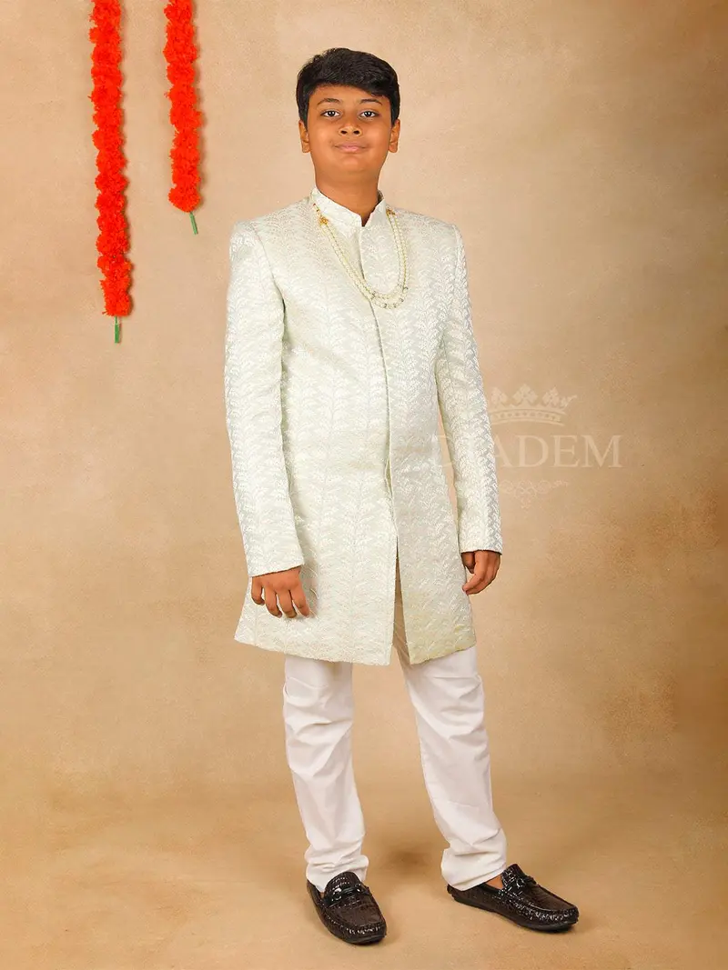 Aqua Blue Jacquard Sherwani And Pant Set 1