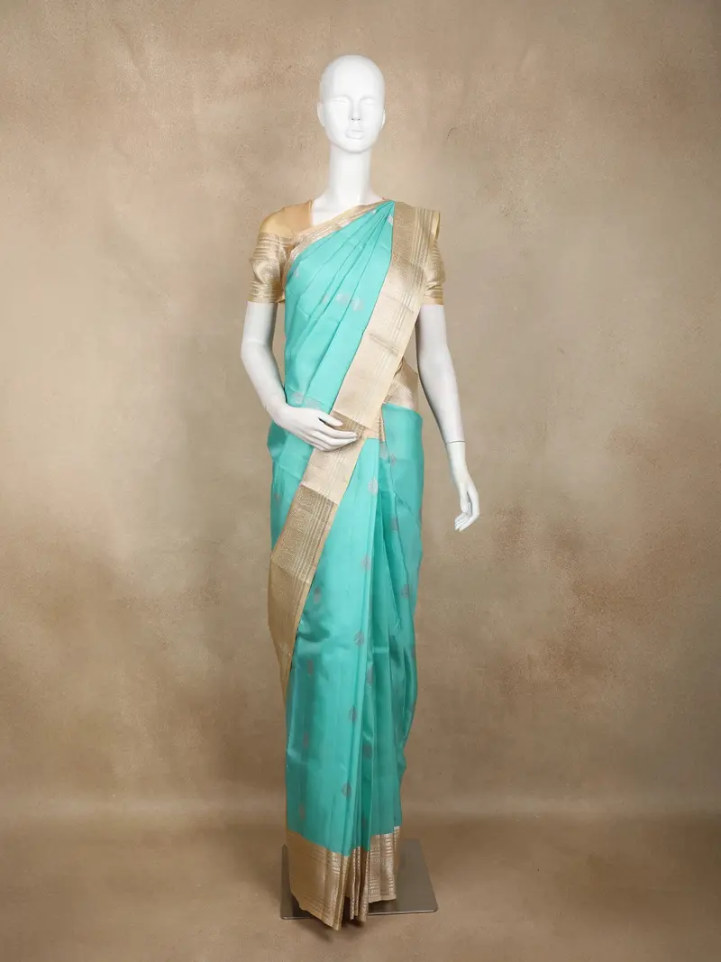 Aqua Blue Korvai  Zari Butta Woven Kanchipuram Silk Saree 1