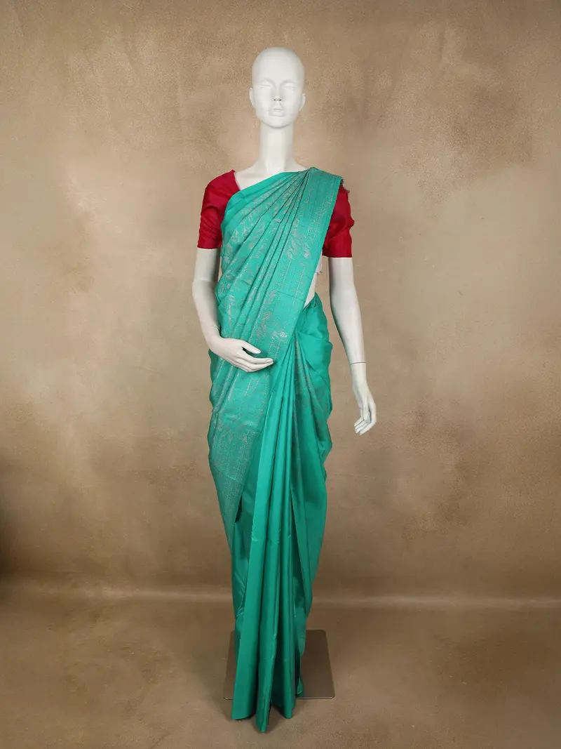 Aqua Blue Leaf Zari Woven Design Pure Kanchipuram Silk Saree With Self Border 1