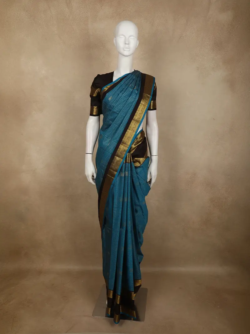 Aqua Blue Mini Checked And Butta Zari Woven Design Pure Kanchipuram Silk Saree With Contrast  Double Zari Border 1
