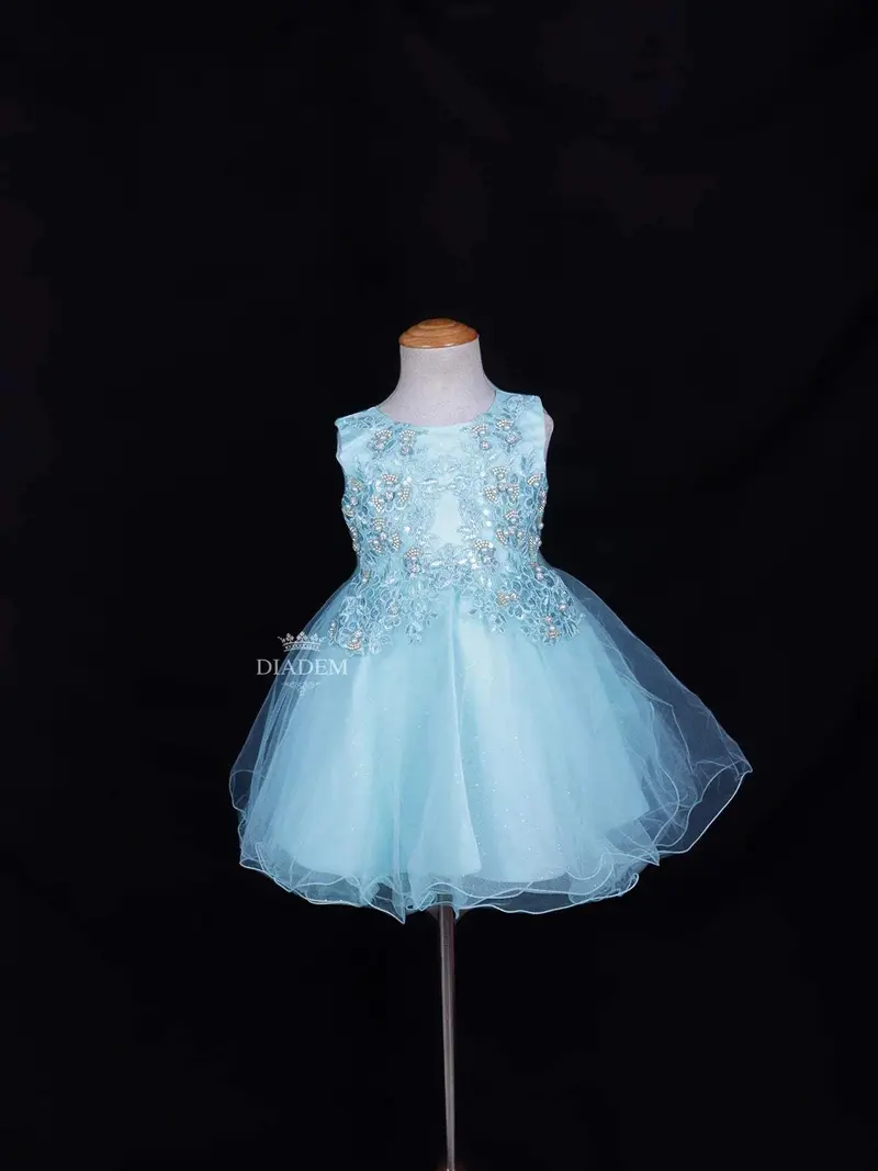 Aqua Blue Net Frock Adorned With Floral Laces And Pearl Beads 1