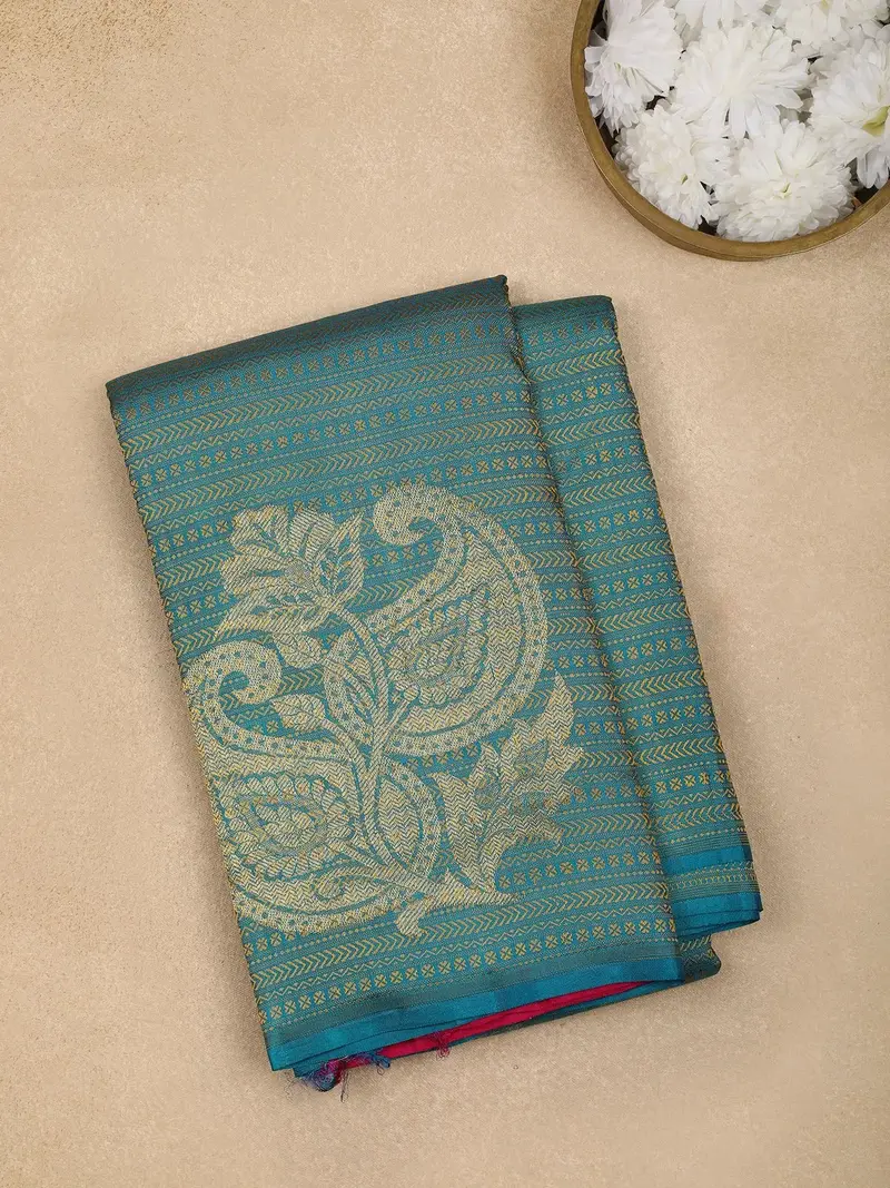 Aqua Blue Paisley And Floral Motif Pure Kanchipuram Silk Saree 1