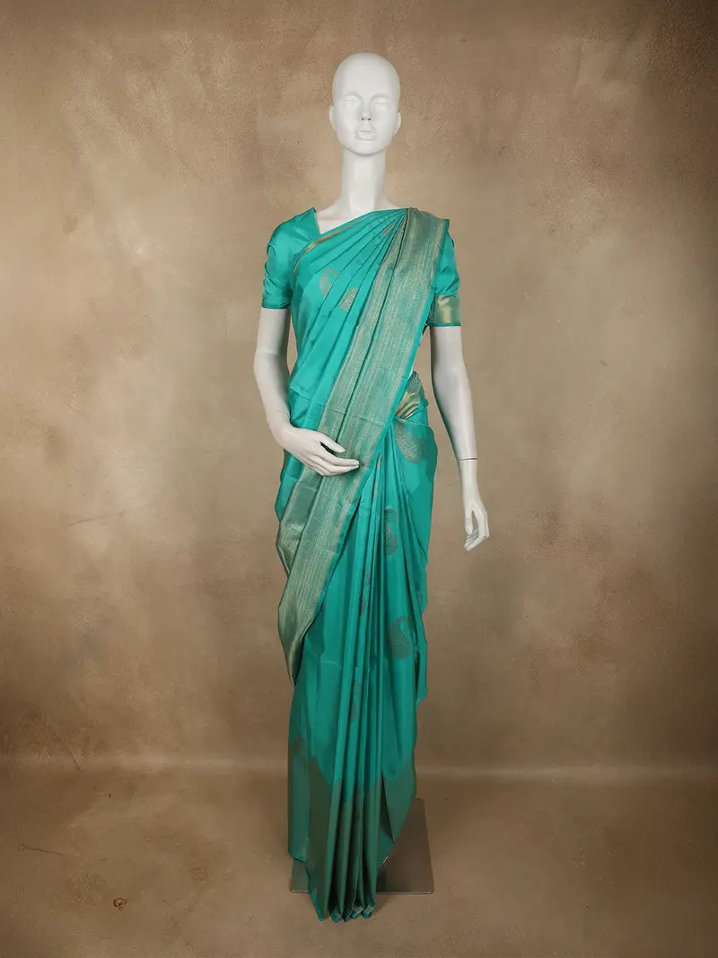 Aqua Blue Paisley Butta Zari Woven Design Pure Kanchipuram Silk Saree With Zari Border 1