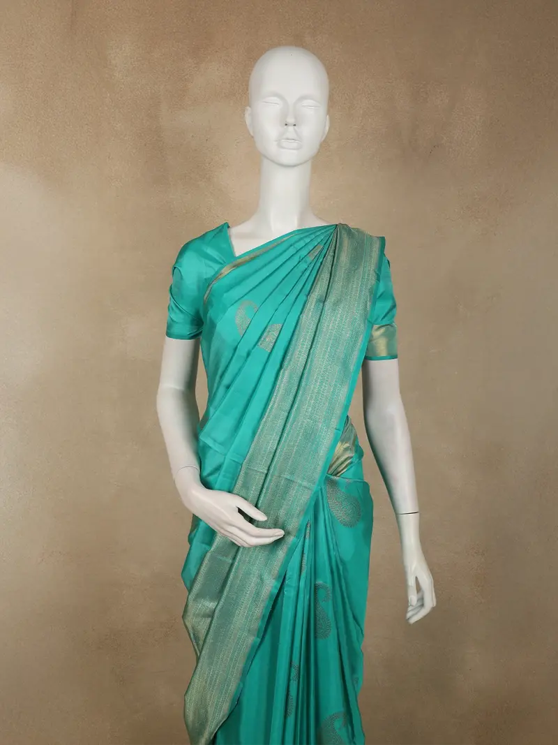 Aqua Blue Paisley Butta Zari Woven Design Pure Kanchipuram Silk Saree With Zari Border 2