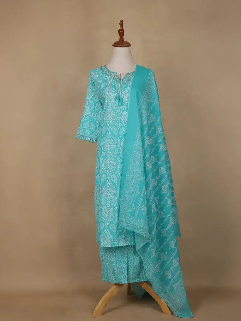 Aqua Blue Paisley Designed Cotton Salwar Suit 1
