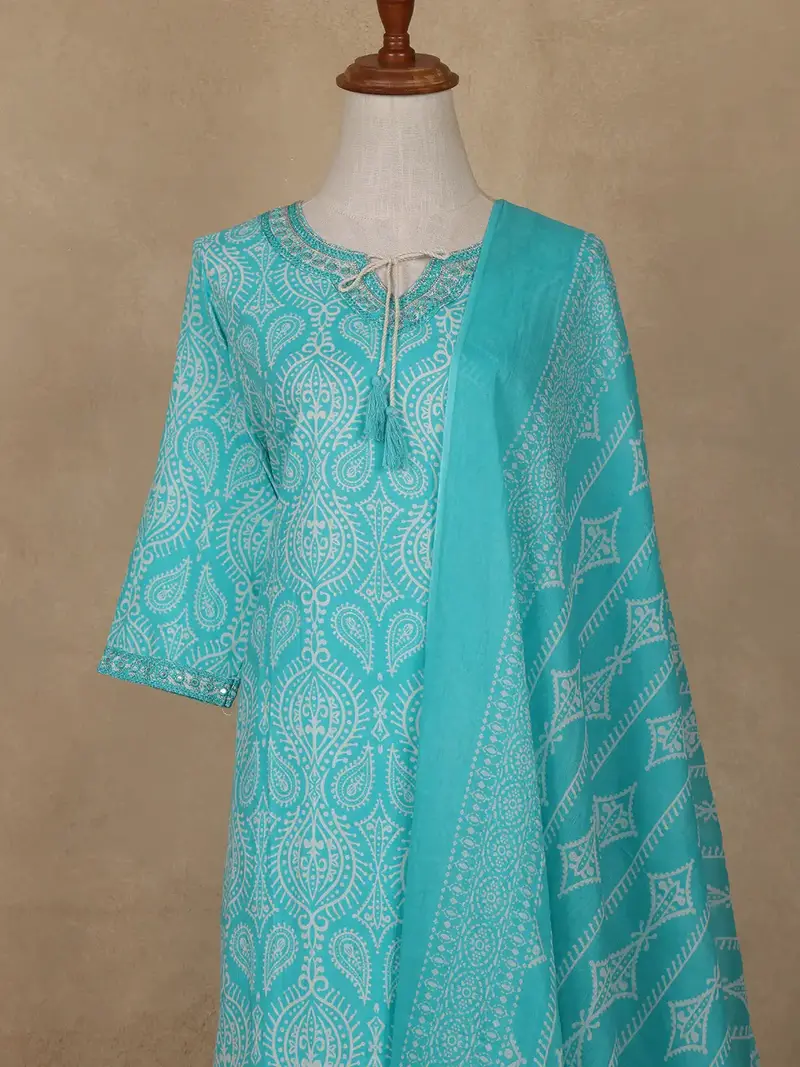Aqua Blue Paisley Designed Cotton Salwar Suit 2