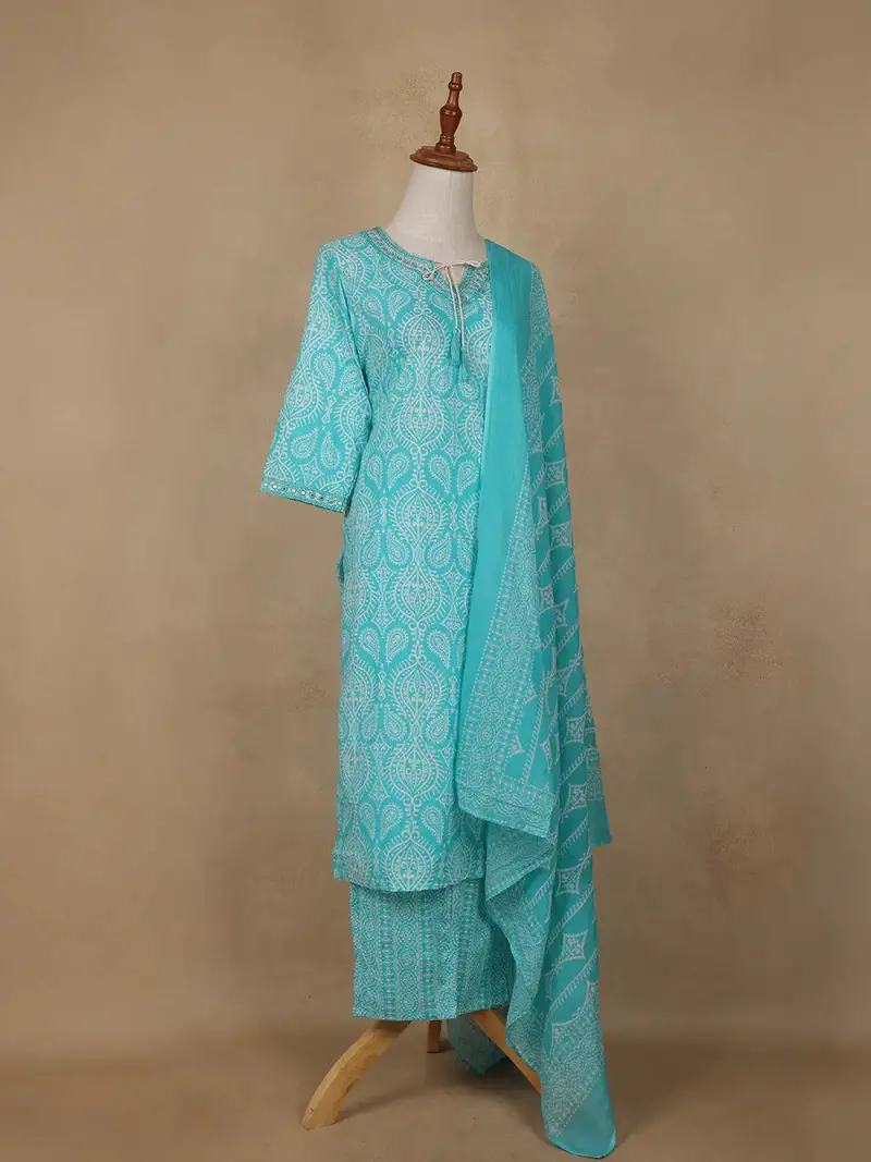 Aqua Blue Paisley Designed Cotton Salwar Suit 4