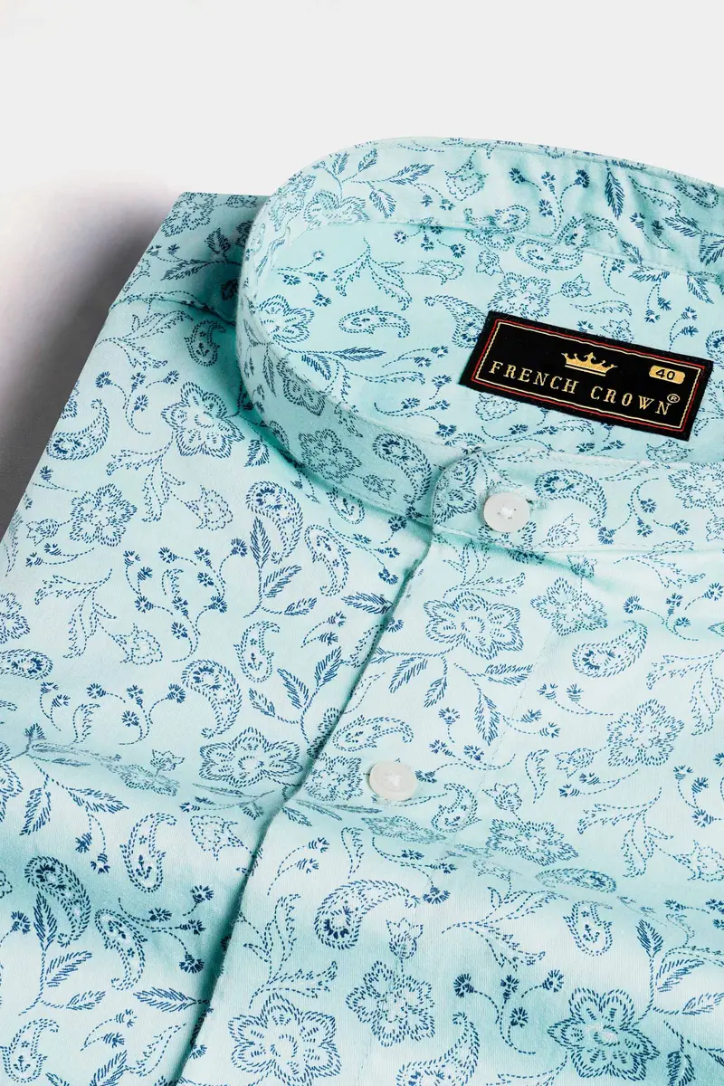 Aqua Blue Paisley Printed Subtle Sheen Super Soft Premium Cotton Shirt 1