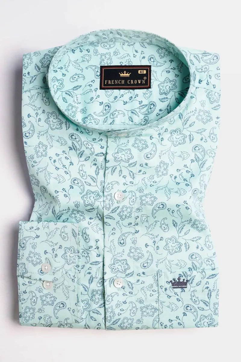 Aqua Blue Paisley Printed Subtle Sheen Super Soft Premium Cotton Shirt 3