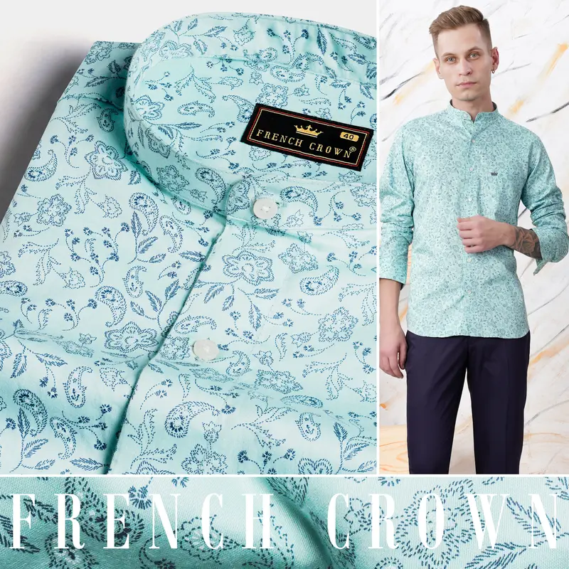 Aqua Blue Paisley Printed Subtle Sheen Super Soft Premium Cotton Shirt 4