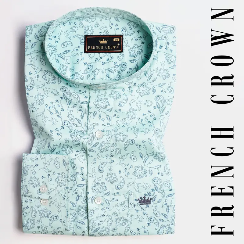 Aqua Blue Paisley Printed Subtle Sheen Super Soft Premium Cotton Shirt 7