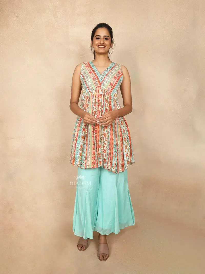Aqua Blue Palazzo Salwar Suit For Girls Embellished With Sequins And Stripes Floral Design 1