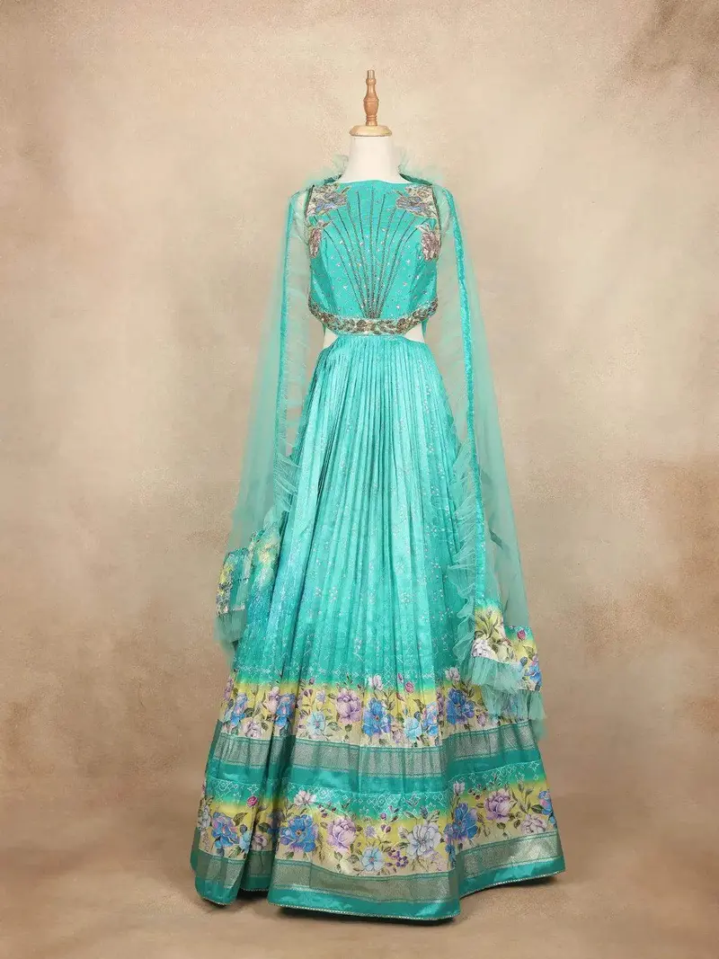 Aqua Blue Partywear Gown With Sequins And Flower Design 1