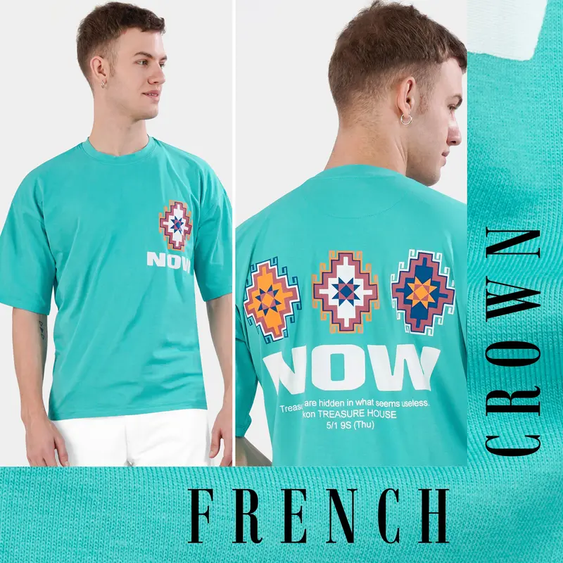 Aqua Blue Printed Premium Cotton Oversized T-Shirt 1