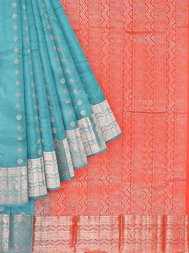 Aqua Blue Pure Kanchipuram Saree With Zari Butta On The Body And Zari Border 1