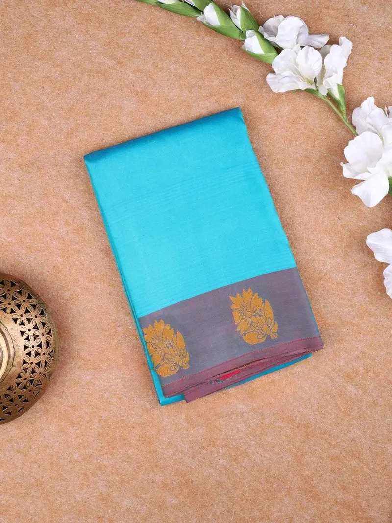 Aqua Blue Pure Kanchipuram Silk Saree With Plain Body Design With Designed Zari Border 1