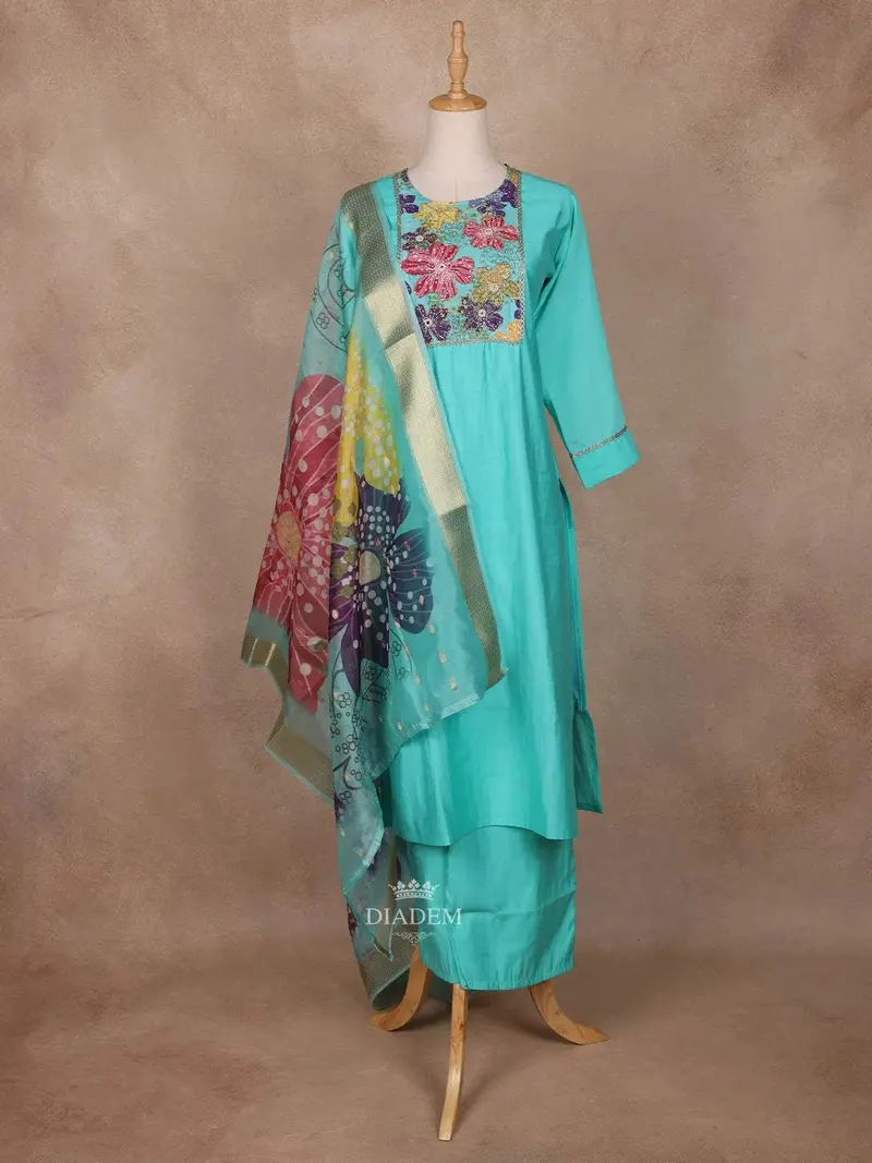 Aqua Blue Semi Silk Salwar Suit With Embroidery 1