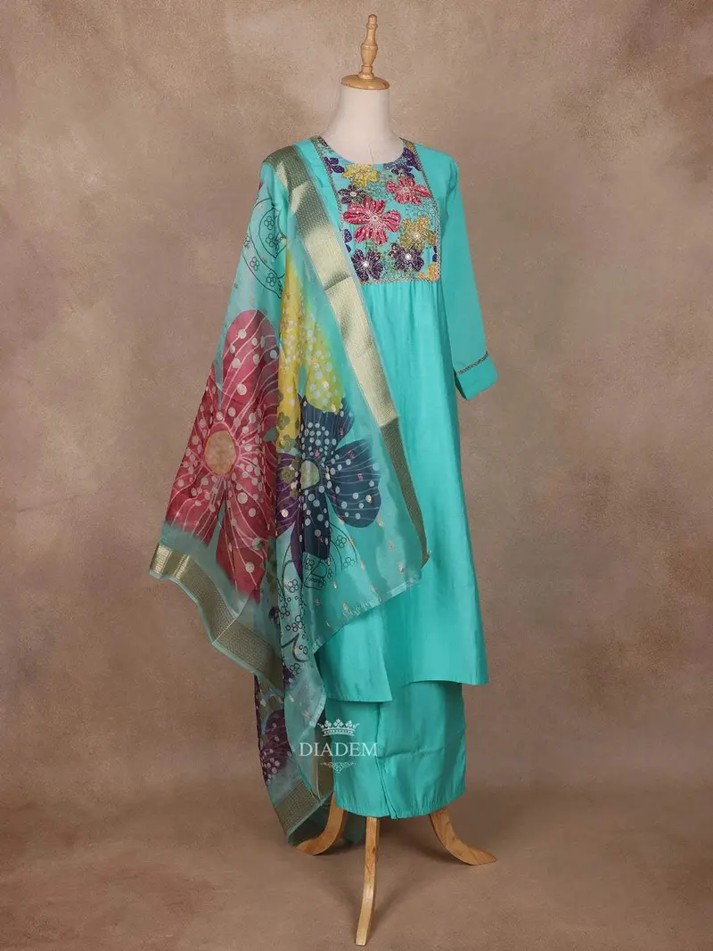 Aqua Blue Semi Silk Salwar Suit With Embroidery 2
