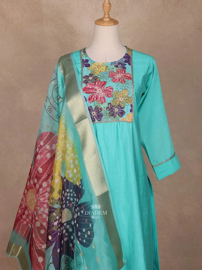 Aqua Blue Semi Silk Salwar Suit With Embroidery 3