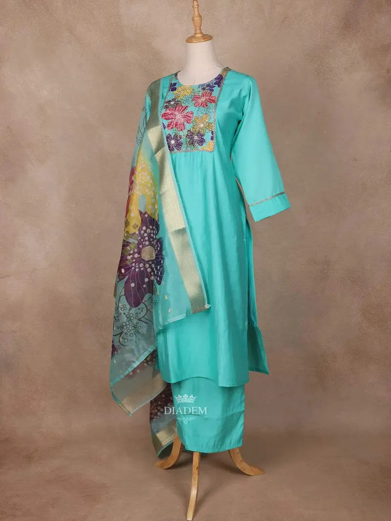 Aqua Blue Semi Silk Salwar Suit With Embroidery 4