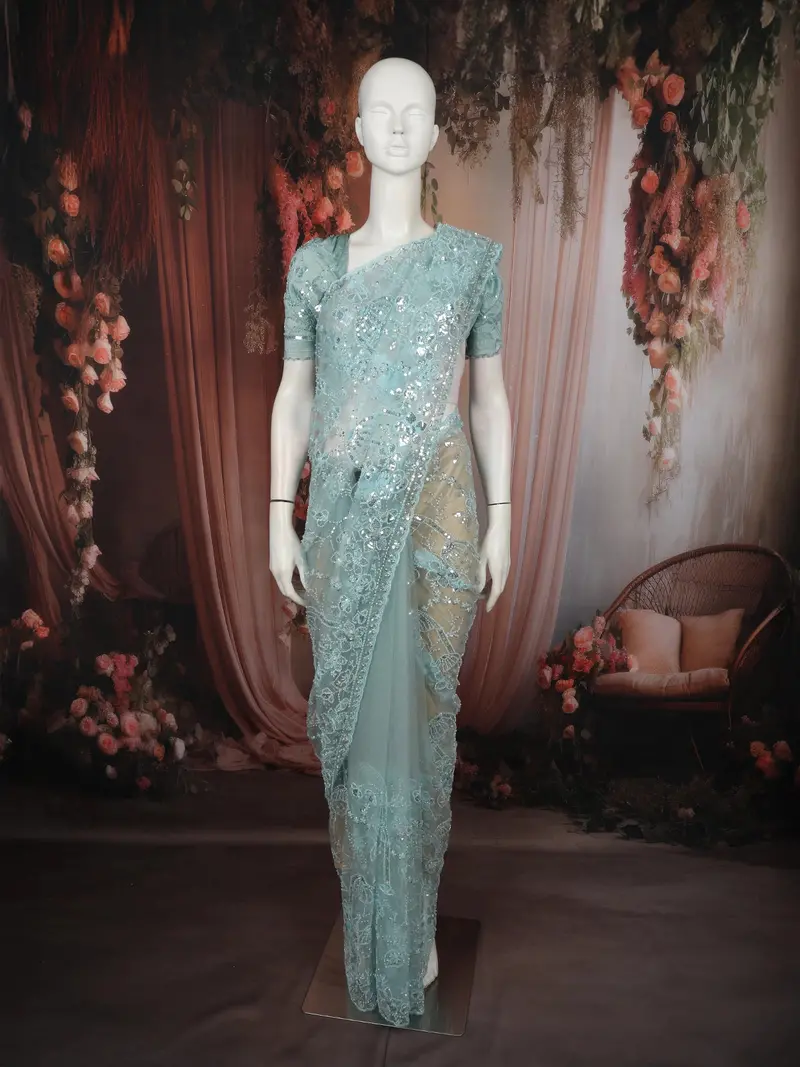 Aqua Blue Sequins And Beads Embroidered Design Pure Organza Designer Saree 1
